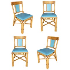 Restored Midcentury "T-Back" Rattan Dining Side Chair, Set of Four