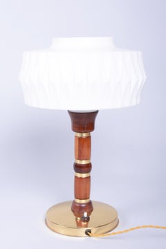 Restored Mid-Century Table Lamp, Walnut, Brass, Glass, Rewired, Czech, 1960s