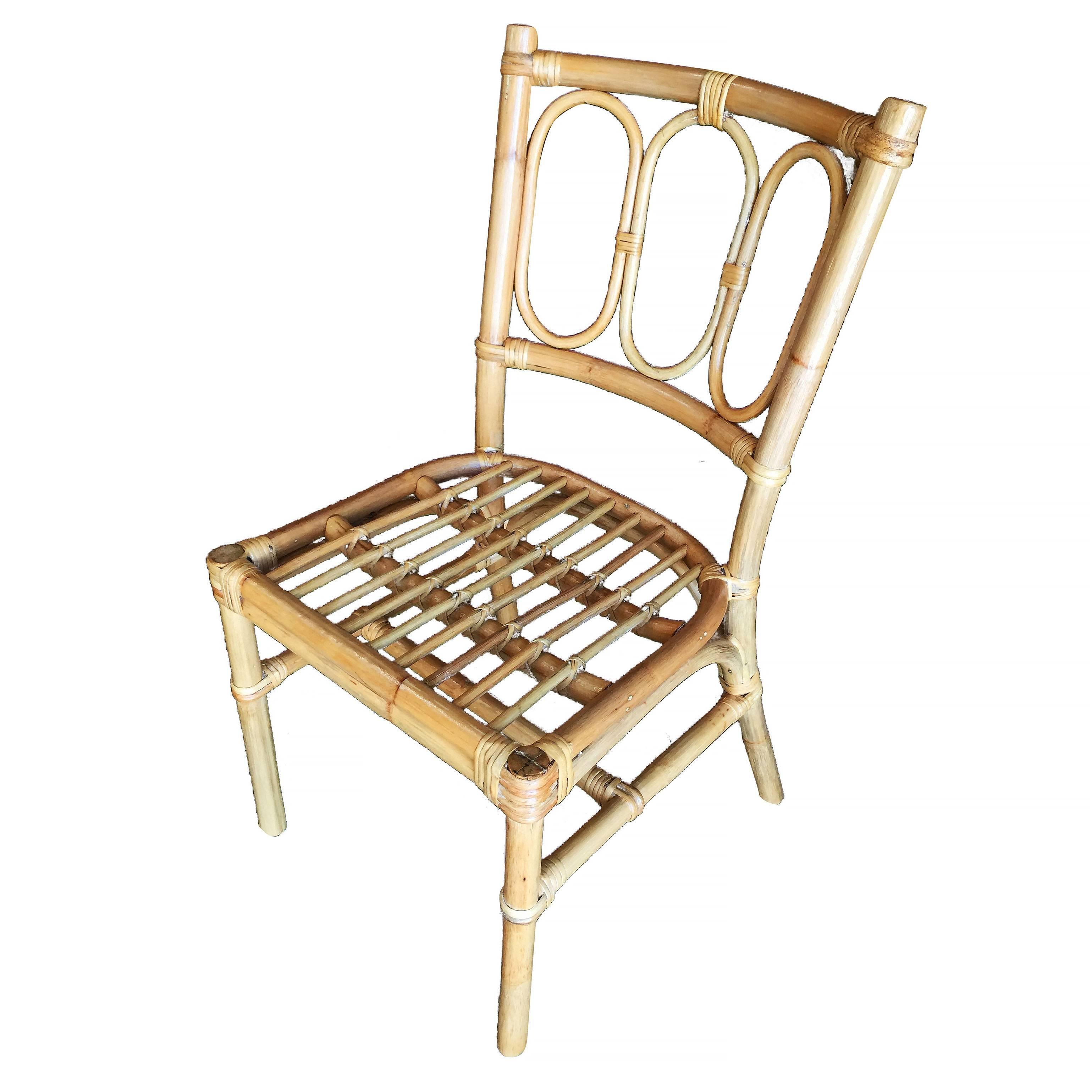 Mid-Century Modern Restored Midcentury Three Ring Rattan Dining Side Chair, Set of Four
