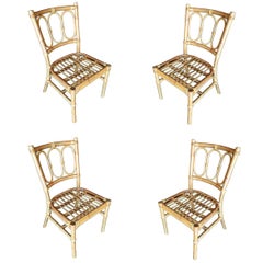 Restored Midcentury Three Ring Rattan Dining Side Chair, Set of Four