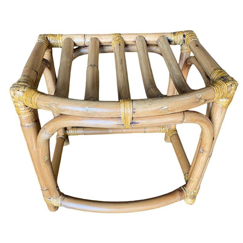 This beautifully restored Paul Frankl-inspired rattan ladder-top vanity stool with three-strand quad-arched base. The stool is fashion in the spirit of designer Paul T Frank blending style vintage charm with modern comfort. Meticulously refinished