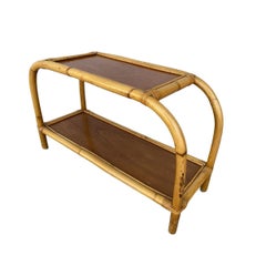Restored Mid-century Two-Tier Rattan & Mahogany Arched Side Table