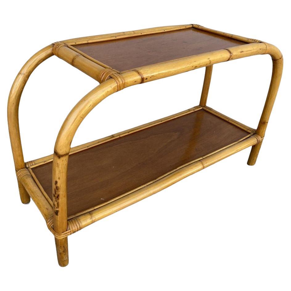 Restored Mid-century Two-Tier Rattan & Mahogany Arched Side Table