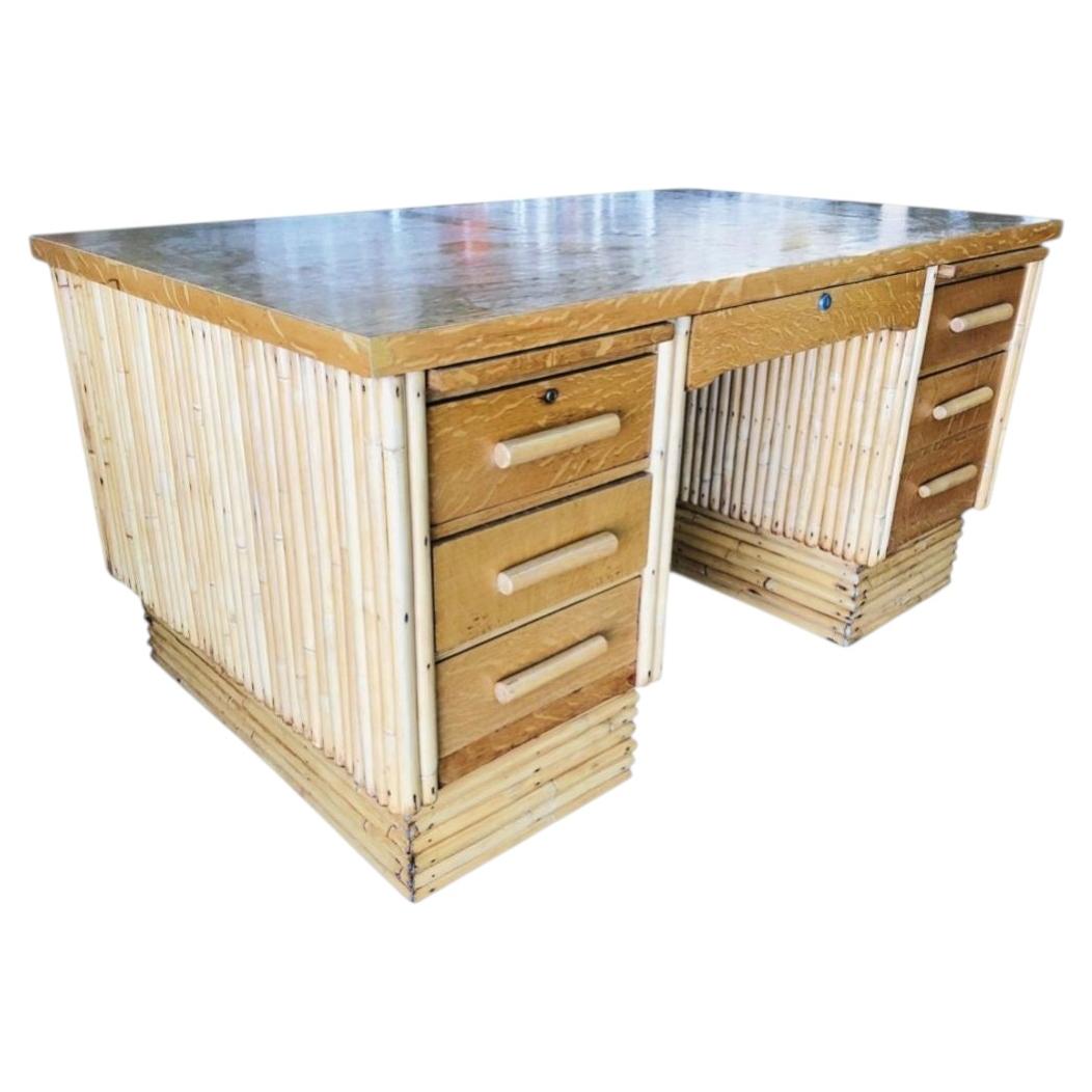 Restored Mid-century Vertically Stacked Rattan & Mahogany Executive Desk For Sale