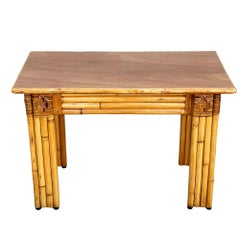 Restored Mid-century Vertically Stacked Rattan Mahogany Top Console Table