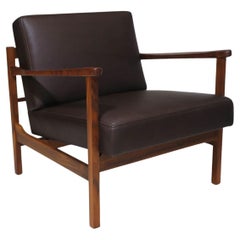 Restored Mid Century Walnut Lounge Chair in High Quality Brown Leather