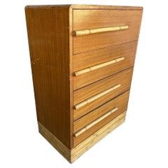 Restored Mid-century Waterfall Highboy Mahogany Dresser W/ Stacked Rattan Base