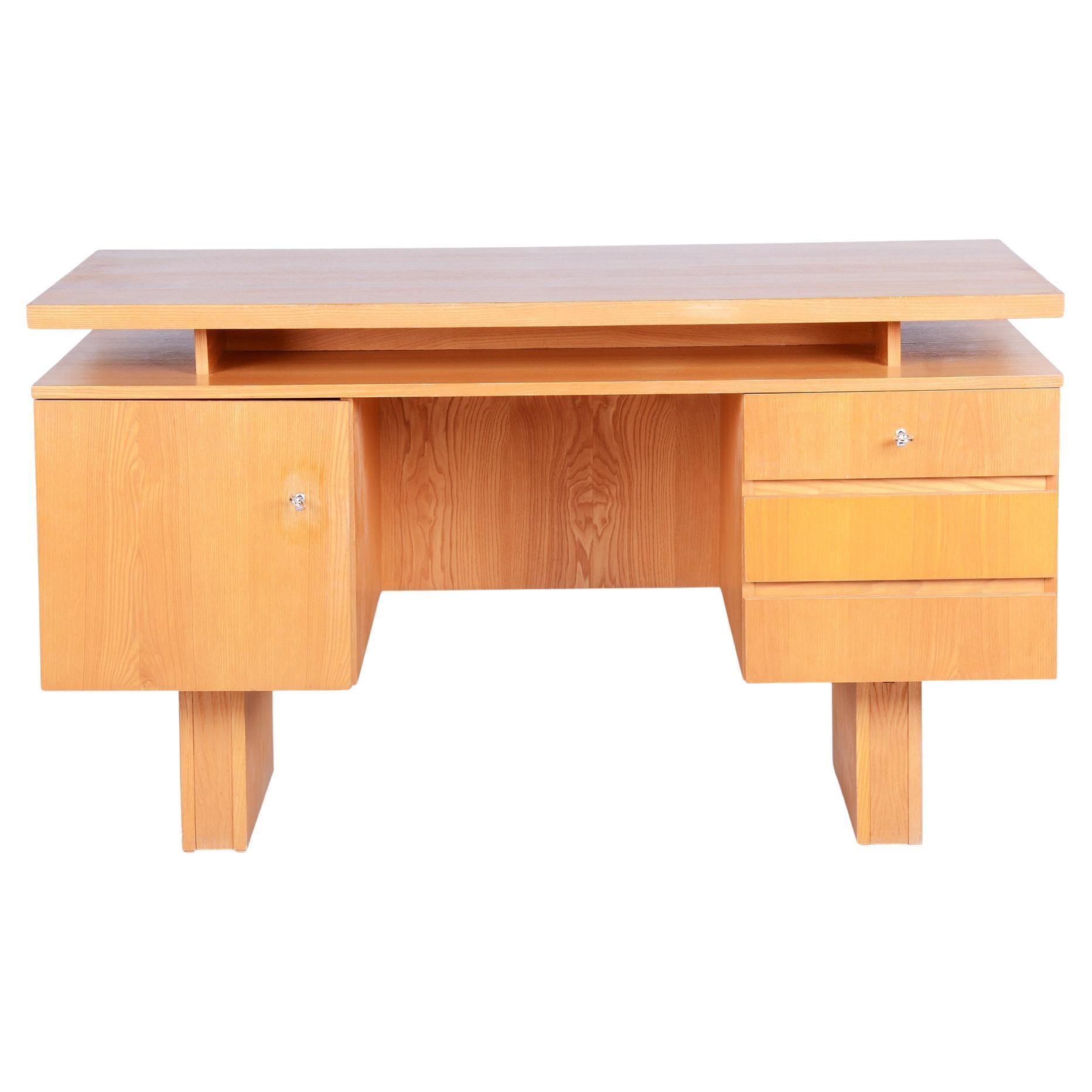 Restored Mid-Century Writing Desk, Ash, Revived Polish, Czech, 1960s
