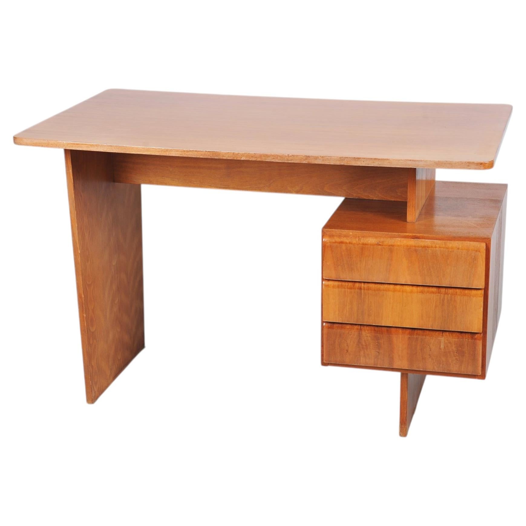 Restored Mid Century Writing Desk, By B. Landsman, Walnut, Oak, Czech, 1950s