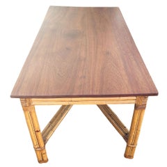 Restored Mid-century X-Pattern Coastal Rattan Dining Table w/ Mahogany Top