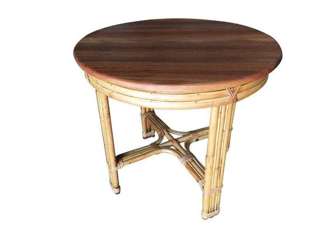 Mid-Century Modern Restored Mid-century X-Pattern Round Costal Rattan End Table W/ Mahogany Top For Sale