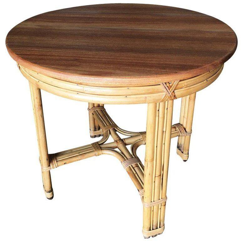 American Restored Mid-century X-Pattern Round Costal Rattan End Table W/ Mahogany Top For Sale