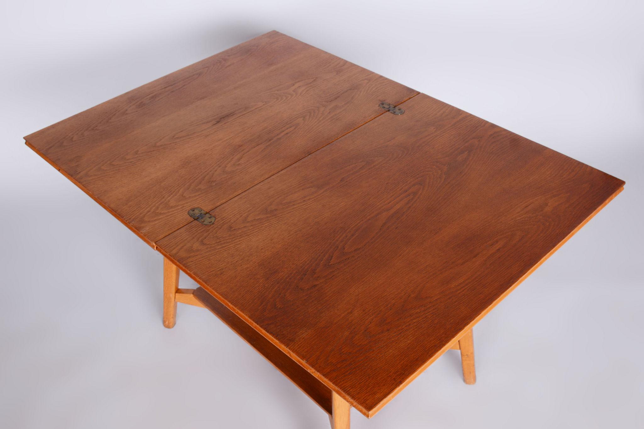 Restored Midcentury Beech Oak Folding Table, Revived Polish, Czechia, 1950s For Sale 2