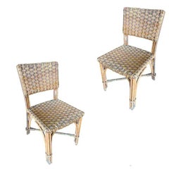 Restored Midcentury Era Rattan Dining Side Chairs with Wicker Woven Seats