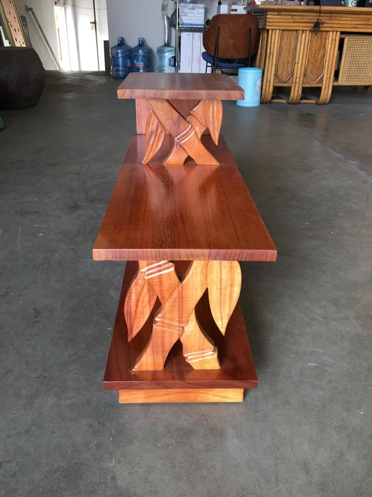 Pair of Restored Midcentury Hand Carved Bamboo Pattern Koa Wood Side