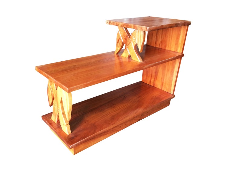 Pair of Restored Midcentury Hand Carved Bamboo Pattern Koa Wood Side