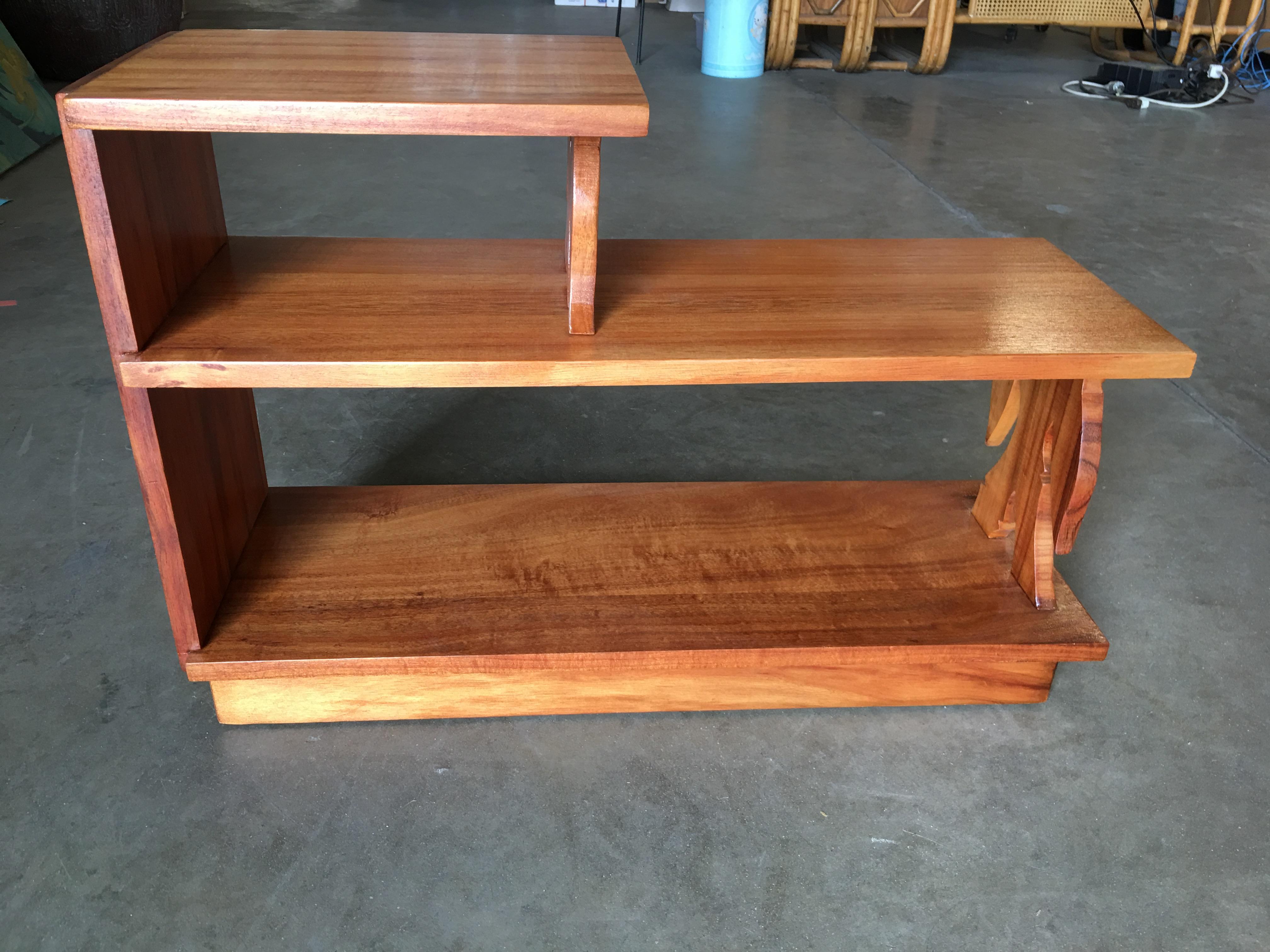 American Pair of Restored Midcentury Hand Carved Bamboo Pattern Koa Wood Side Table