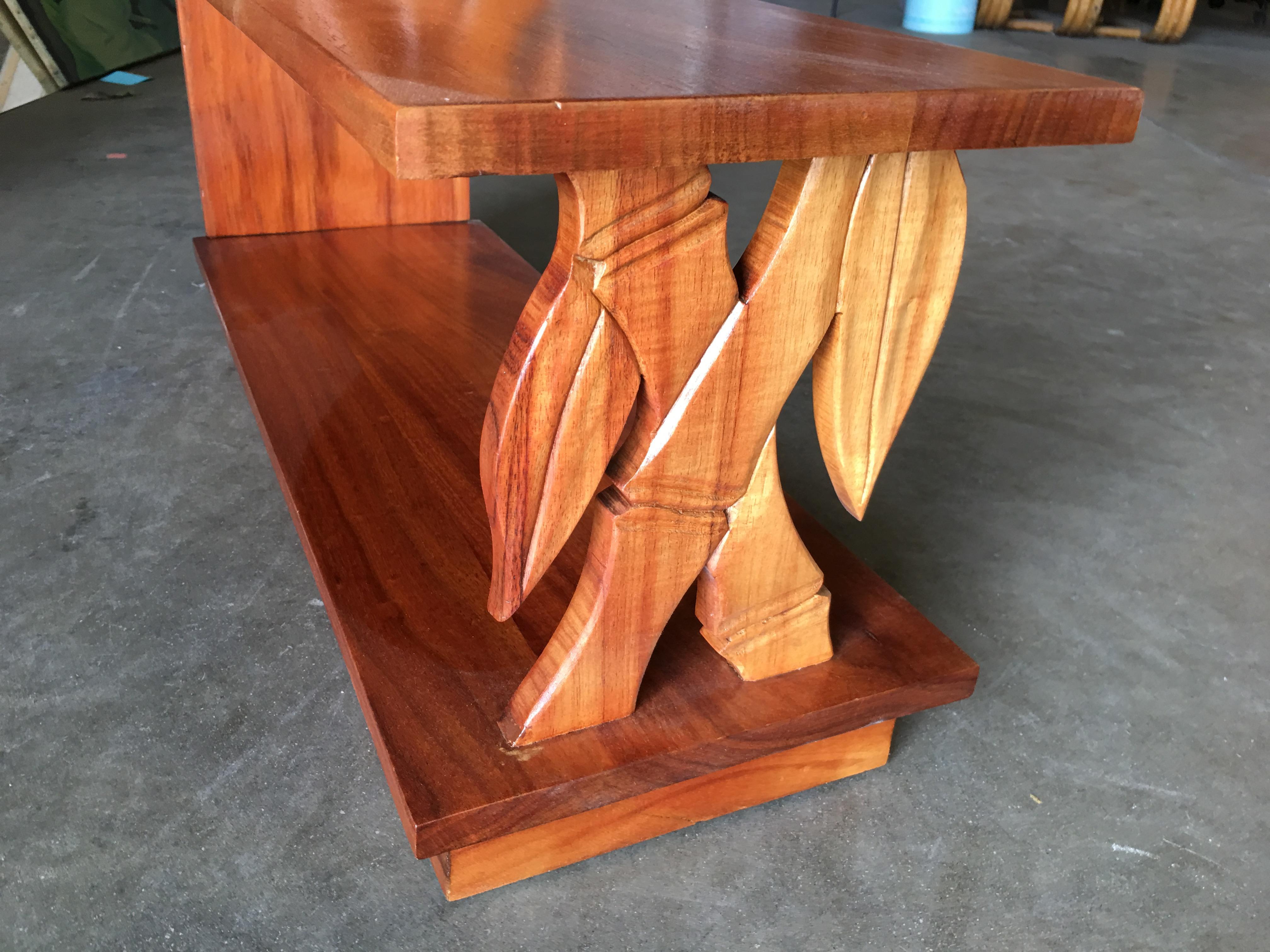 Mahogany Pair of Restored Midcentury Hand Carved Bamboo Pattern Koa Wood Side Table