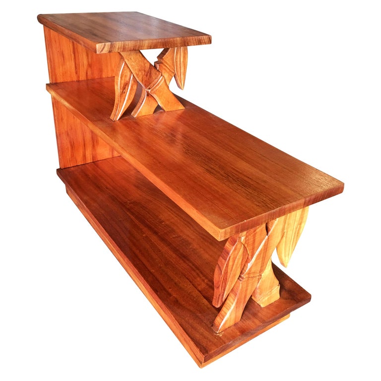 Pair of Restored Midcentury Hand Carved Bamboo Pattern Koa Wood Side