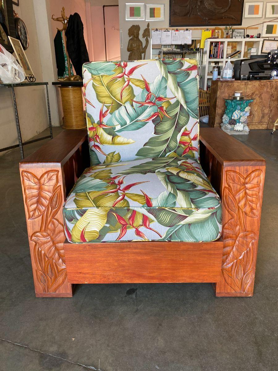 North American Restored Midcentury Hand Carved Palm Leaf Koa Wood Lounge Chair