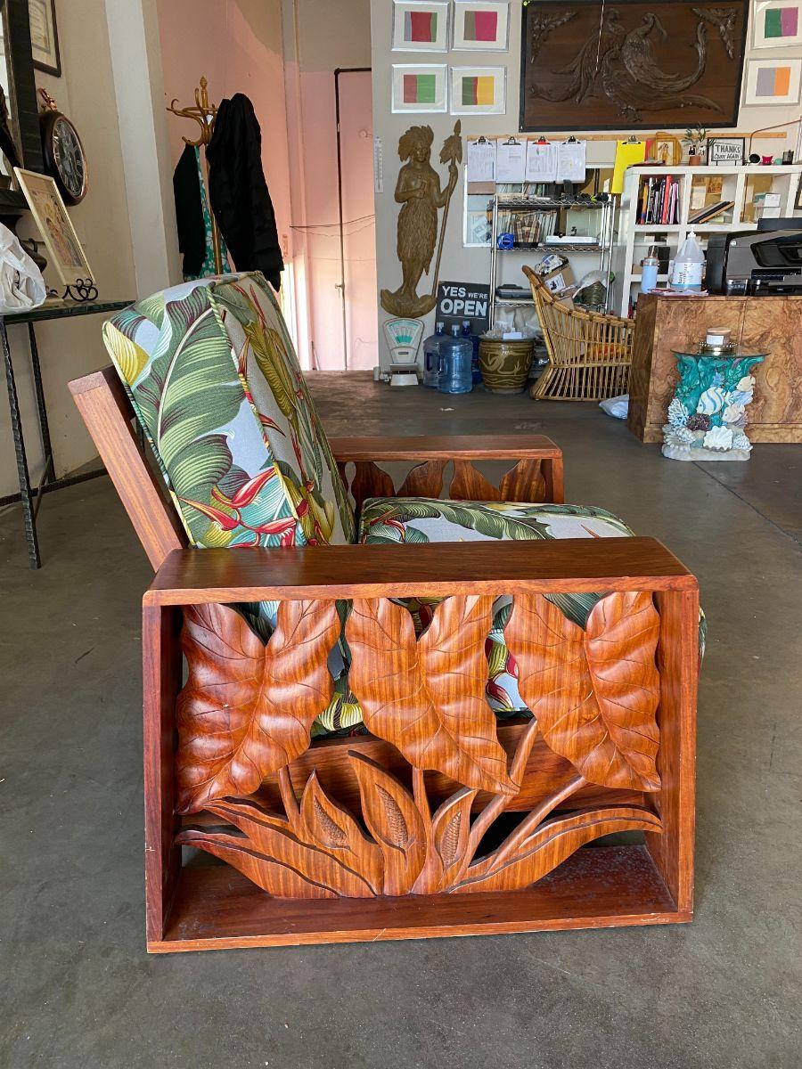 Restored Midcentury Hand Carved Palm Leaf Koa Wood Lounge Chair In Excellent Condition In Van Nuys, CA