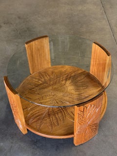 Restored Midcentury Hand Carved Palm Pattern Koa Wood Coffee Table w/ Glass Top