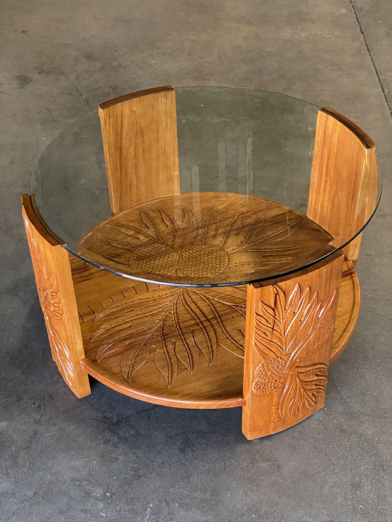 North American Restored Midcentury Hand Carved Palm Pattern Koa Wood Coffee Table w/ Glass Top