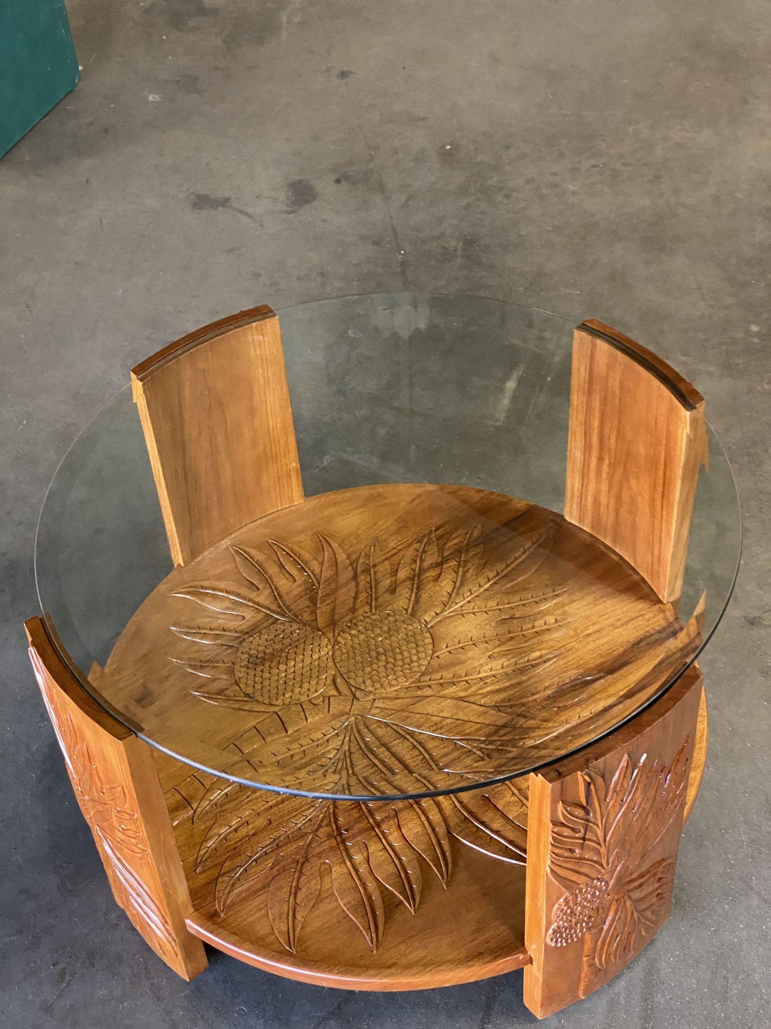 Restored Midcentury Hand Carved Palm Pattern Koa Wood Coffee Table w/ Glass Top In Excellent Condition In Van Nuys, CA
