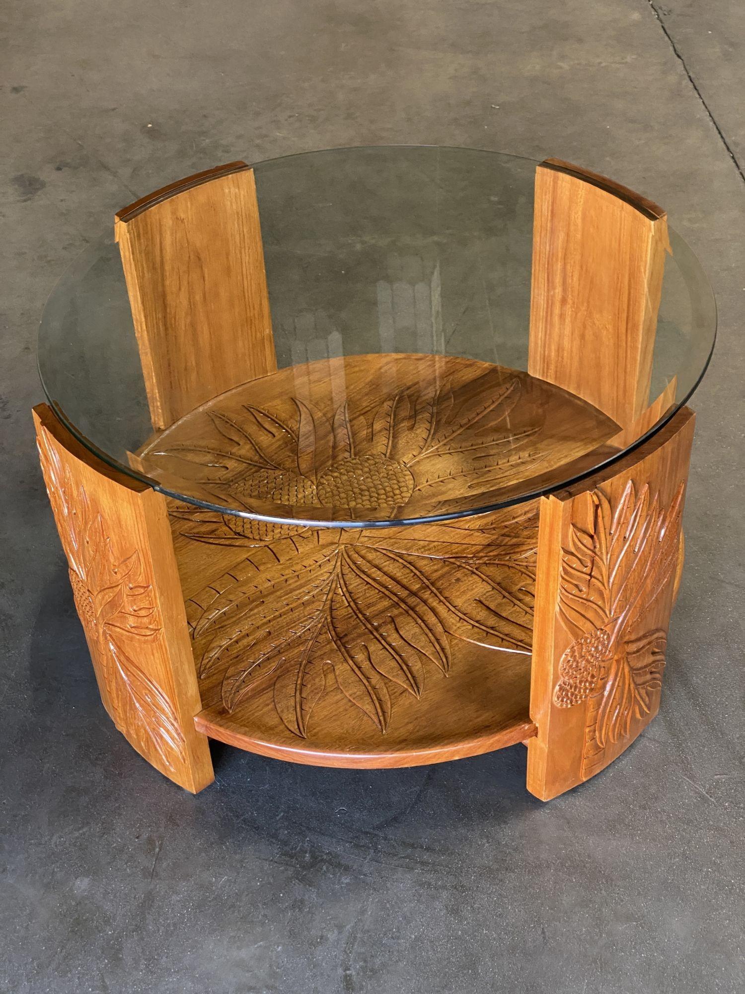 Mid-20th Century Restored Midcentury Hand Carved Palm Pattern Koa Wood Coffee Table w/ Glass Top