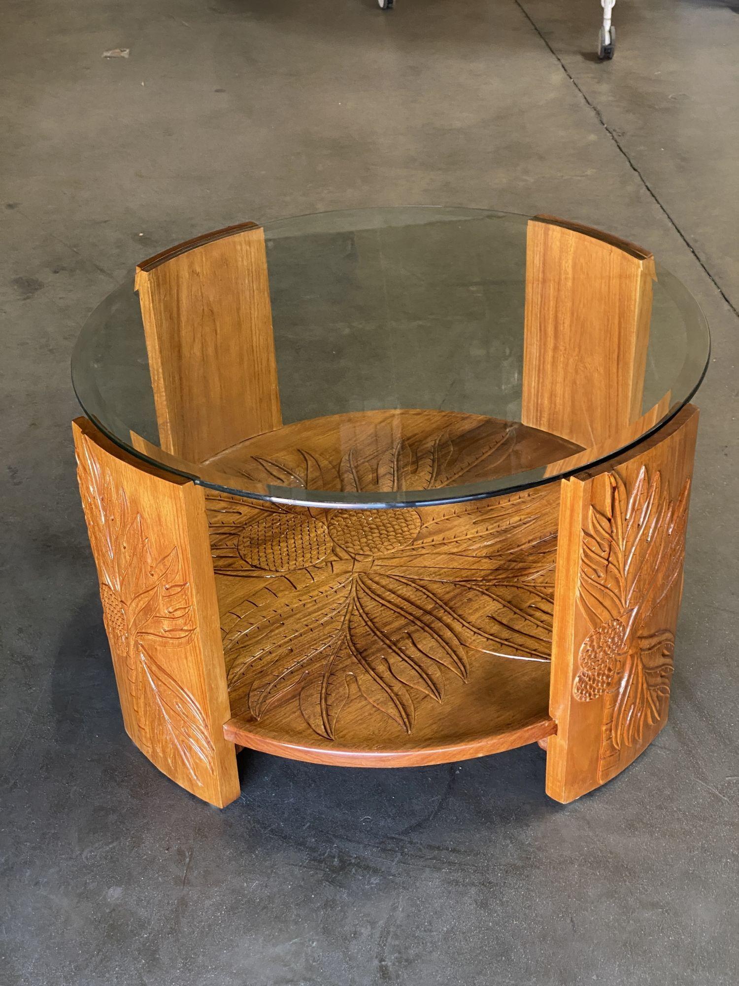 Rosewood Restored Midcentury Hand Carved Palm Pattern Koa Wood Coffee Table w/ Glass Top