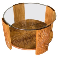 Restored Midcentury Hand Carved Palm Pattern Koa Wood Coffee Table w/ Glass Top