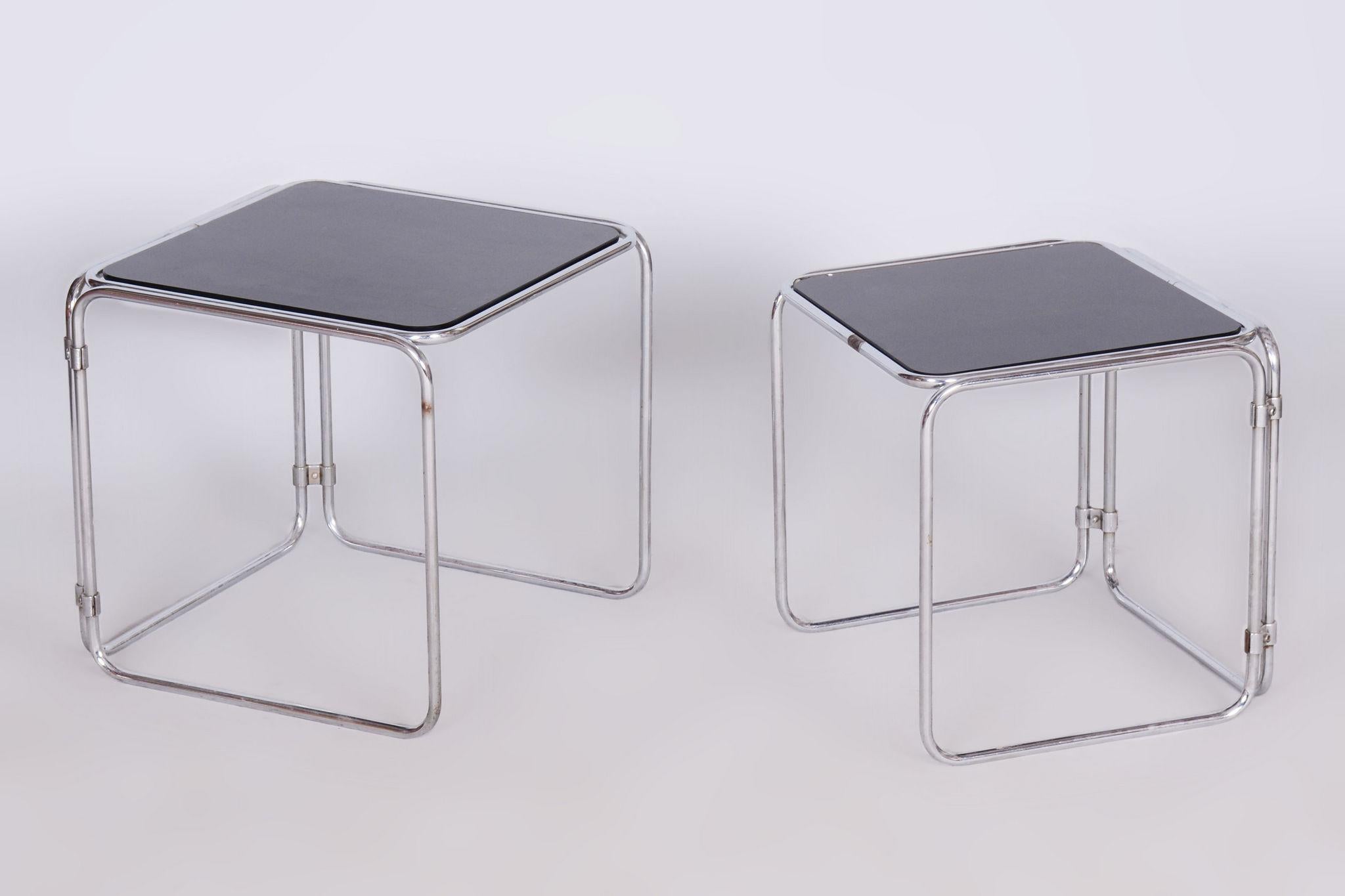 Restored Midcentury Nesting Tables, Chrome-Plated Steel, Glass, Czechia, 1960s For Sale 2