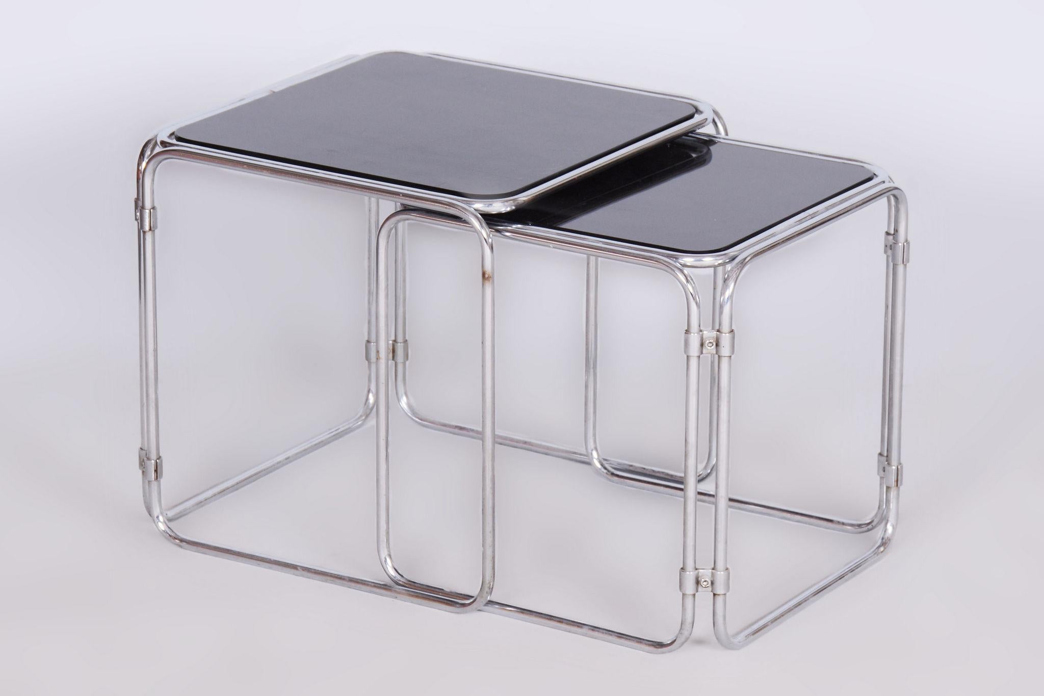 Restored Midcentury Nesting Tables, Chrome-Plated Steel, Glass, Czechia, 1960s For Sale 4