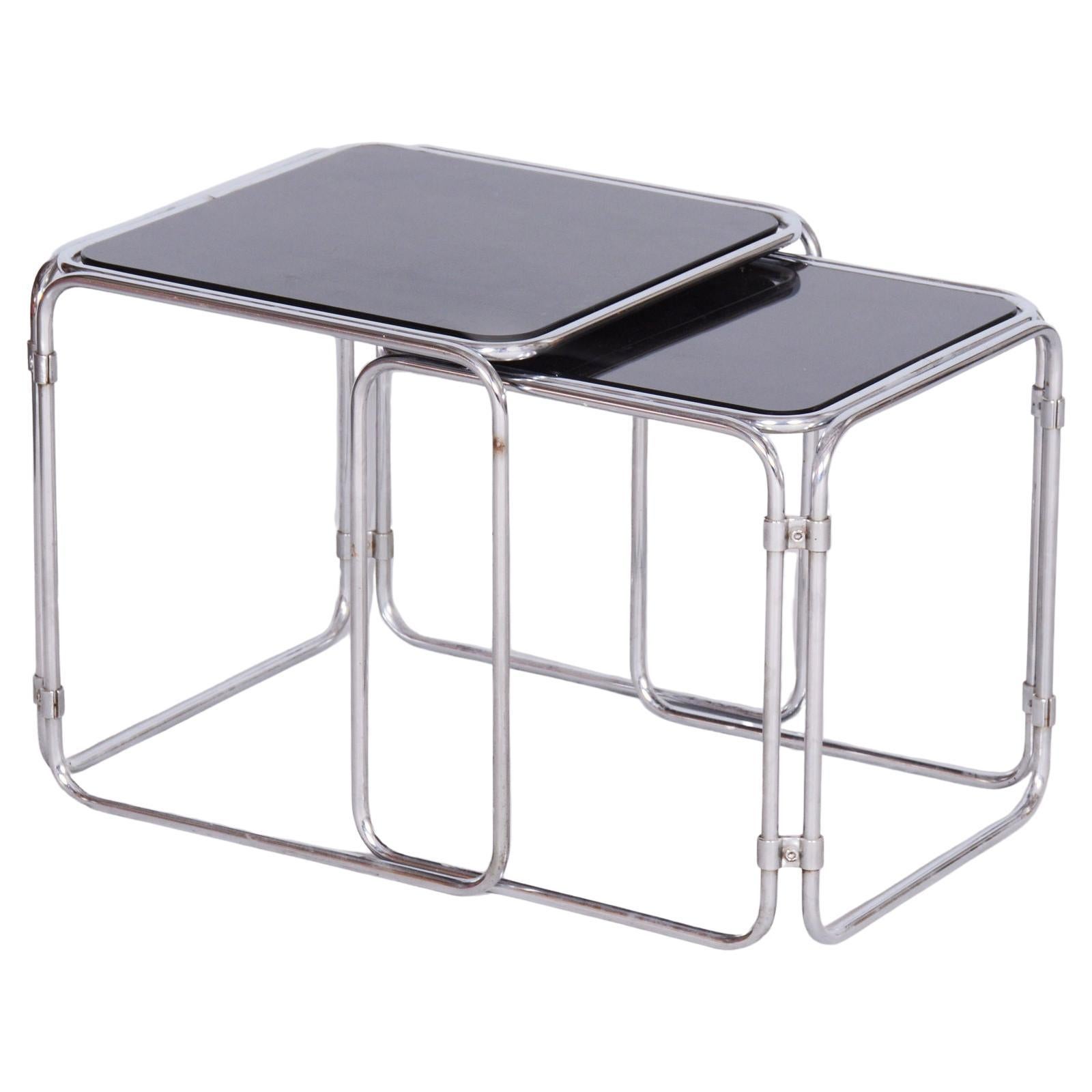 Restored Midcentury Nesting Tables, Chrome-Plated Steel, Glass, Czechia, 1960s For Sale