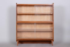 Restored Midcentury Oak Bookcase, Glass Doors, Revived Polish, Czechia, 1950s