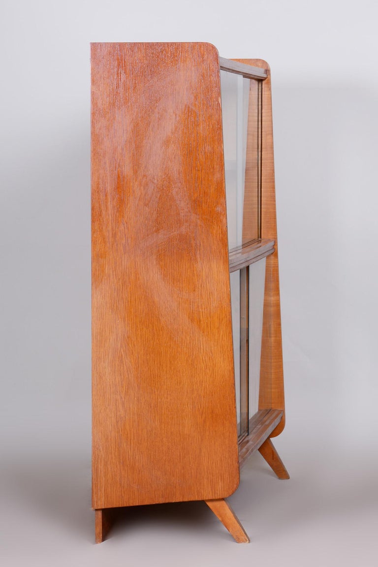 Restored Midcentury Oak Bookcase, Glass Doors, Revived Polish, Czechia