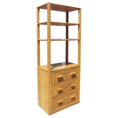 Restored Midcentury Rattan and Mahogany Display Cabinet Etagere with Drawers