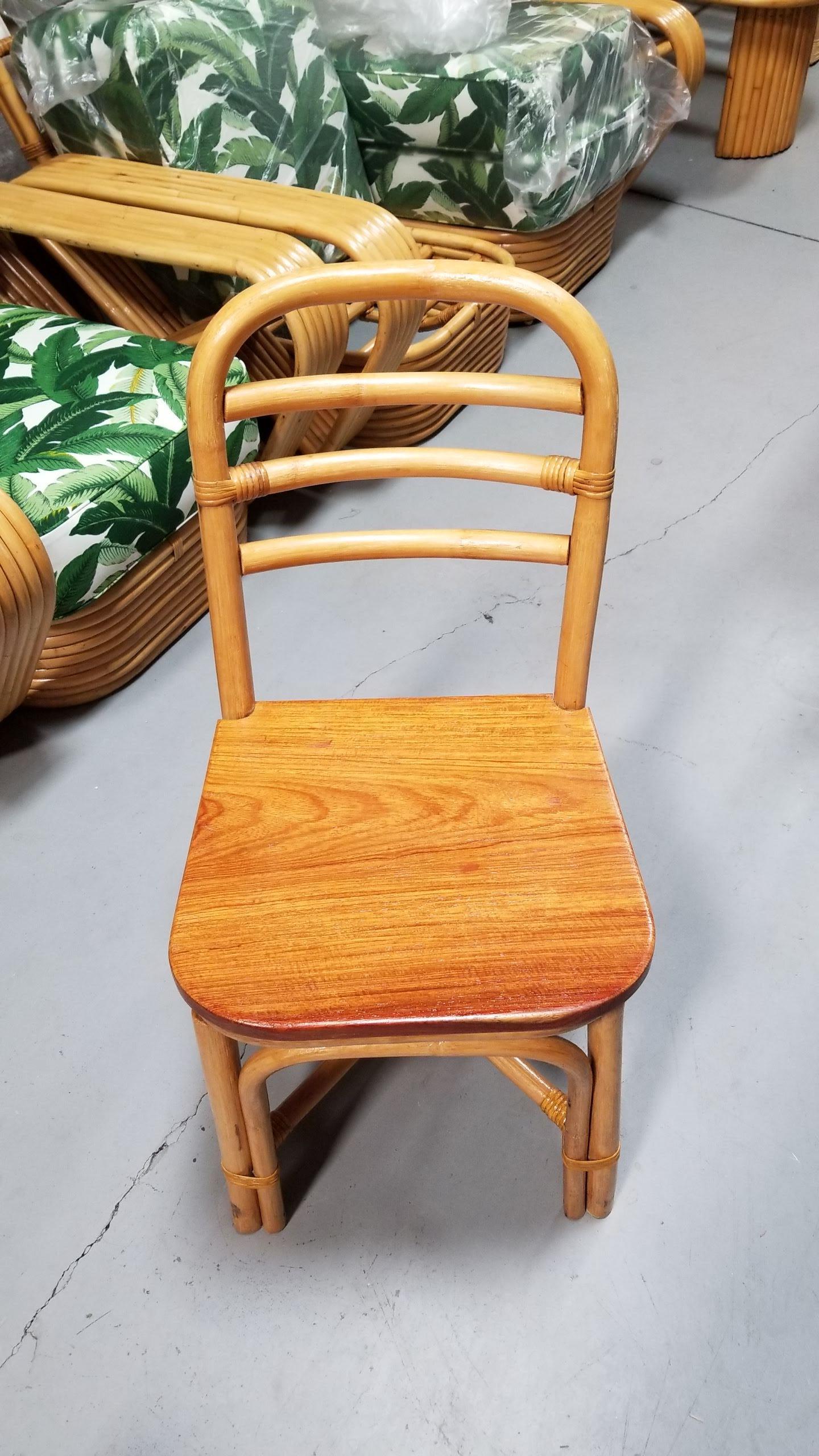 Restored Midcentury Rattan Dining Side Chair with Mahogany Seat, Set of Six For Sale 5