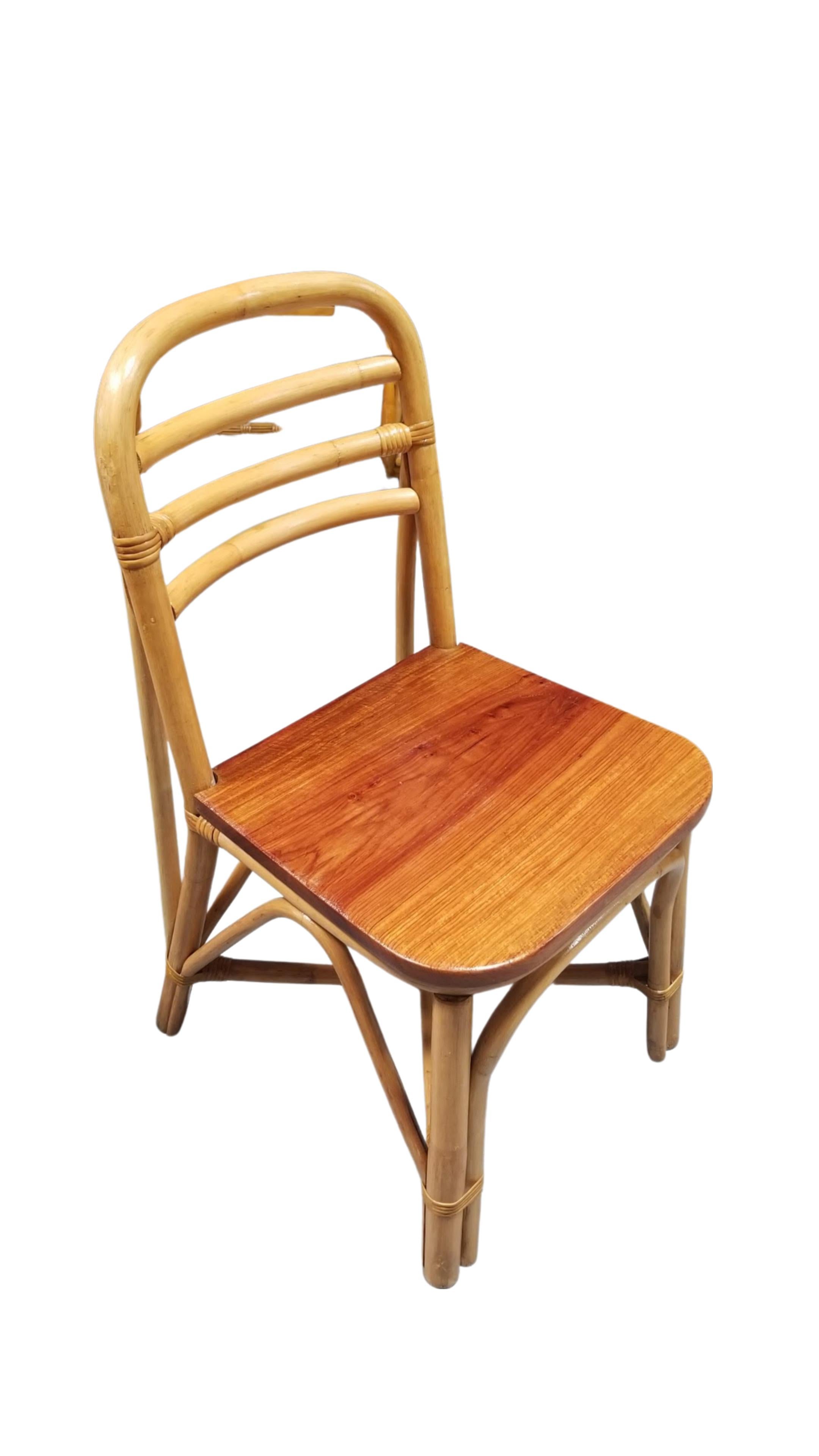 Restored Midcentury Rattan Dining Side Chair with Mahogany Seat, Set of Six For Sale 1
