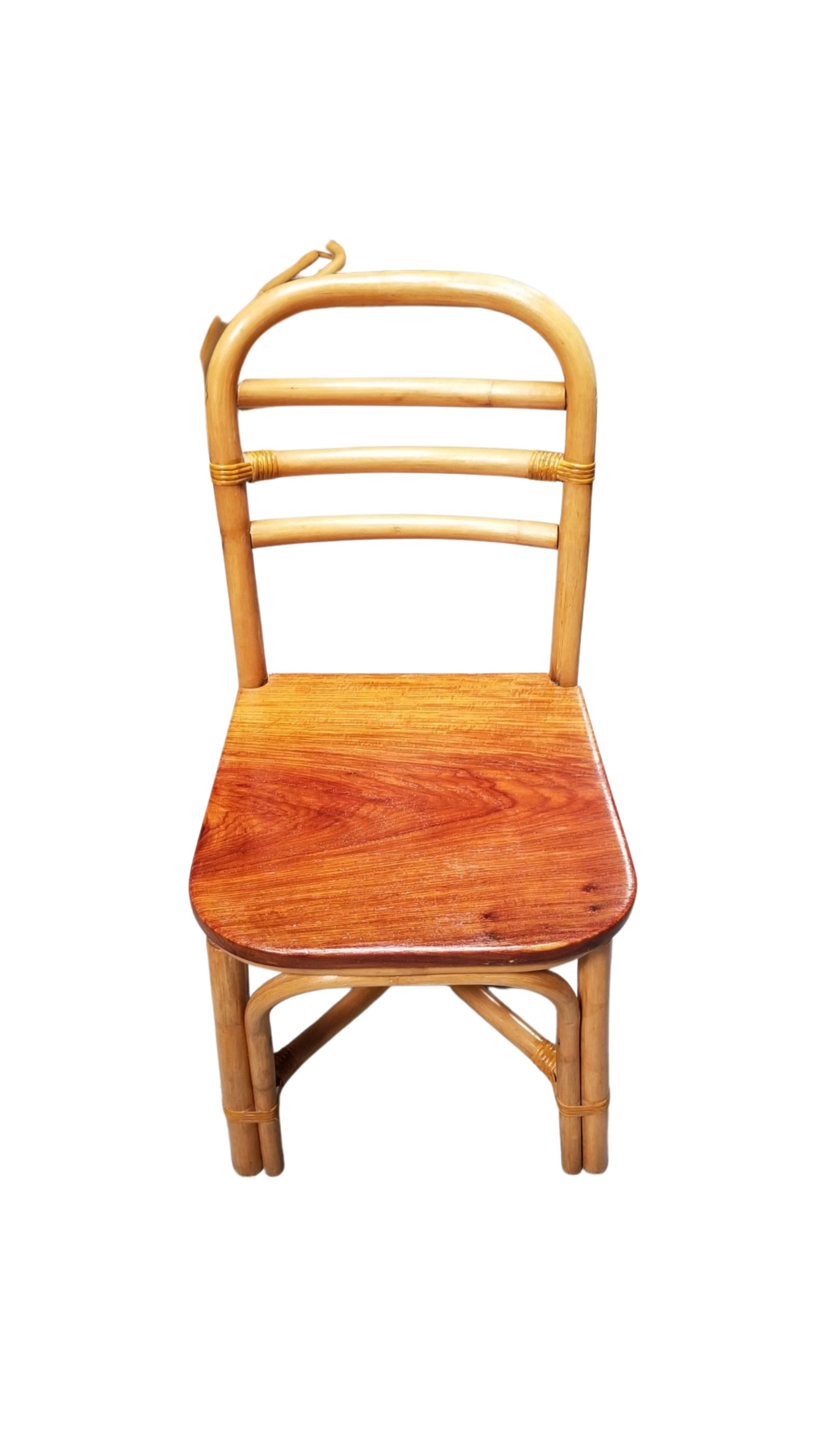 Restored Midcentury Rattan Dining Side Chair with Mahogany Seat, Set of Six For Sale 3