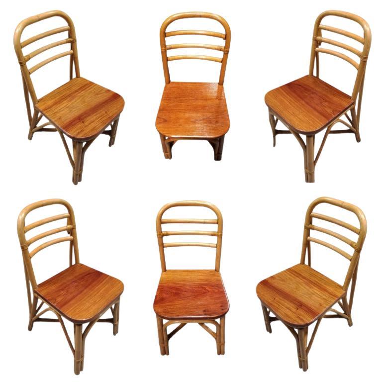 Restored Midcentury Rattan Dining Side Chair with Mahogany Seat, Set of Six For Sale