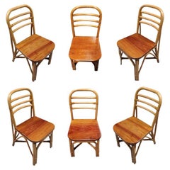 Restored Midcentury Rattan Dining Side Chair with Mahogany Seat, Set of Six