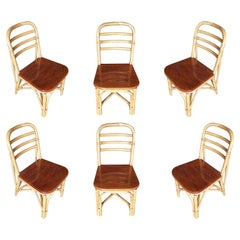 Restored Midcentury Rattan Dining Side Chair with Mahogany Seat, Set of Six