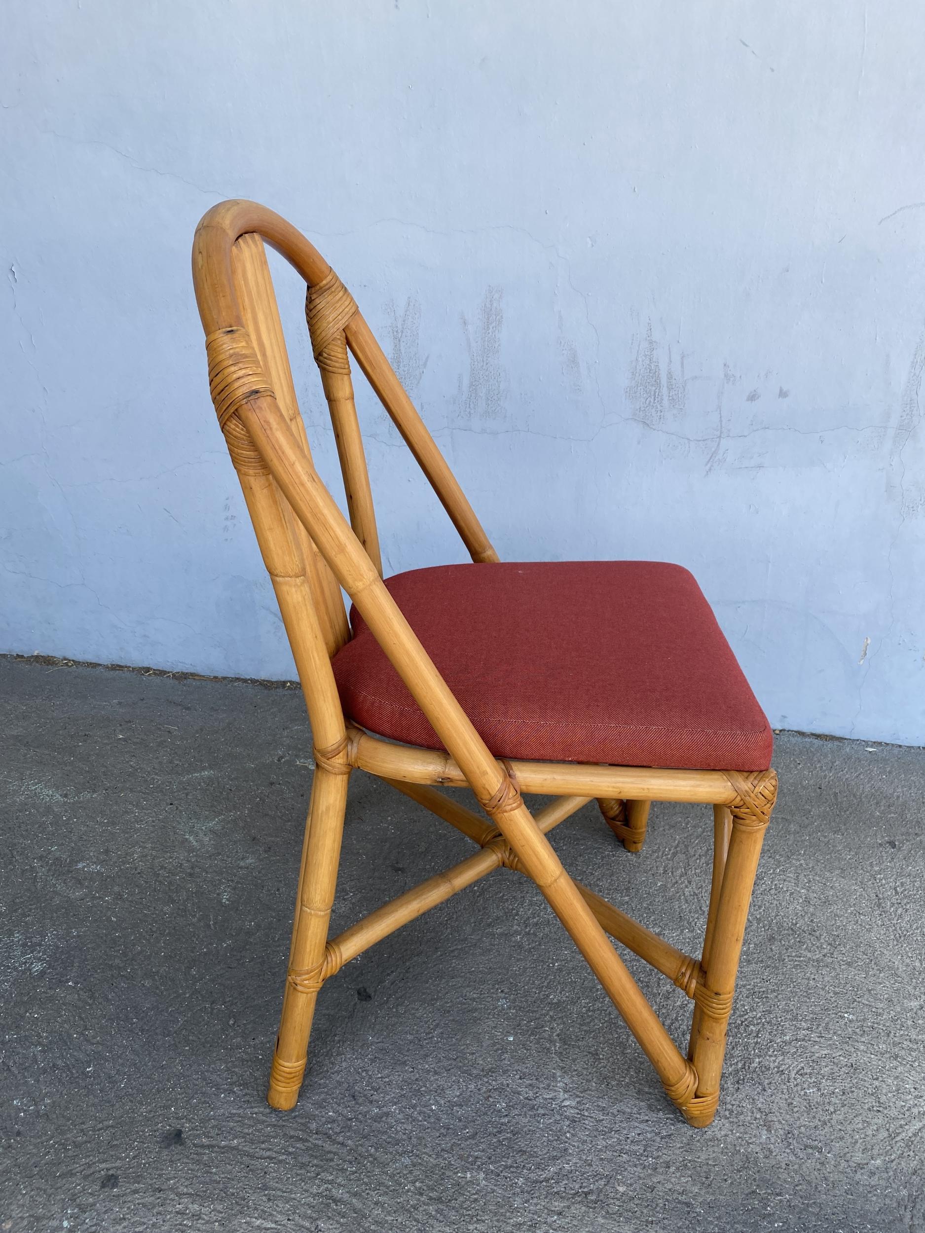 Restored Midcentury Rattan Dining Side Chair with Pole Rattan Seatback, Set of 6 In Excellent Condition In Van Nuys, CA