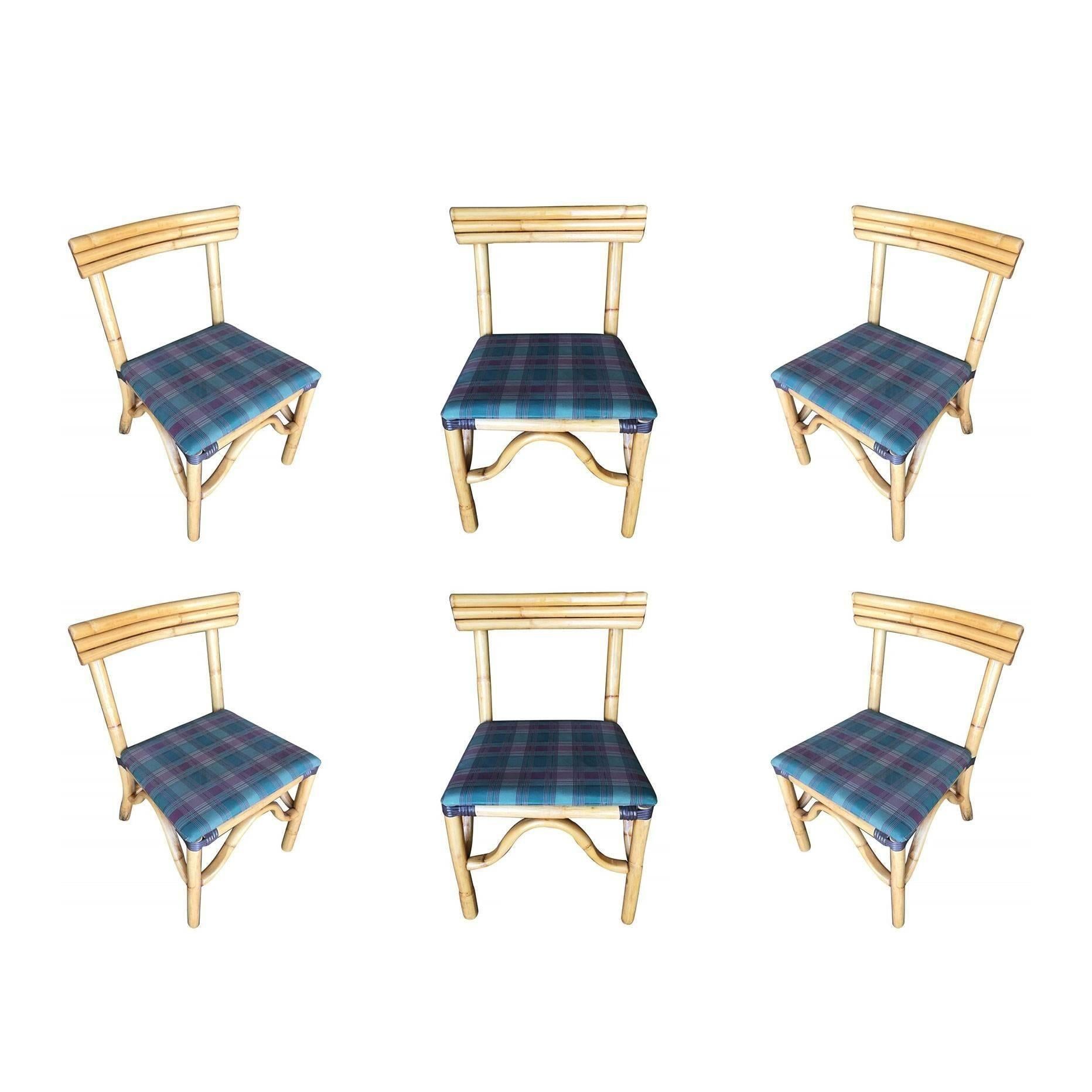 Restaurierter Rattan-Esszimmerstuhl aus der Mitte des Jahrhunderts mit dreibändiger Rückenlehne, Sechser-Set (Mitte des 20. Jahrhunderts) im Angebot