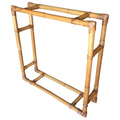 Restored Midcentury Square Rattan Wall Hanging Shelf with Slat Glass Shelves