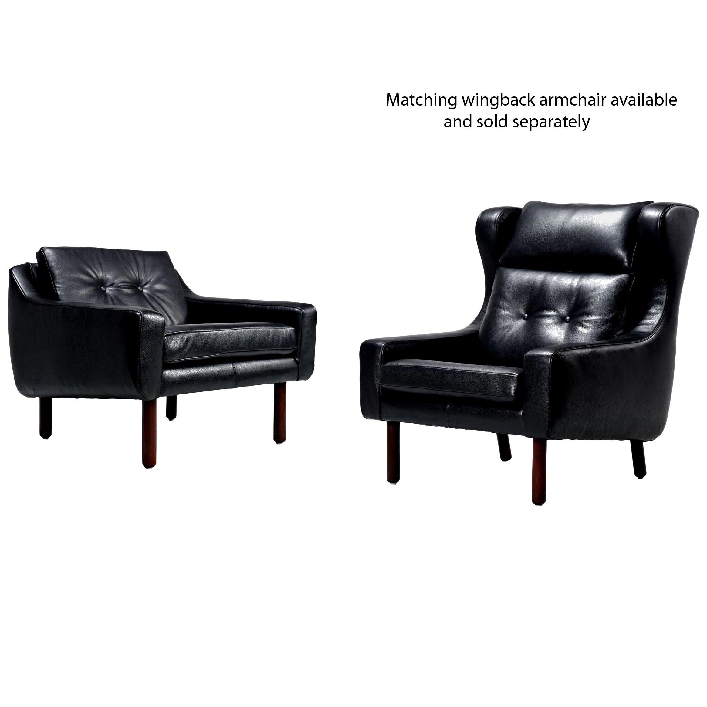 Scandinavian Restored Midcentury Svend Skipper Style Black Leather Low-Back Lounge Chair For Sale
