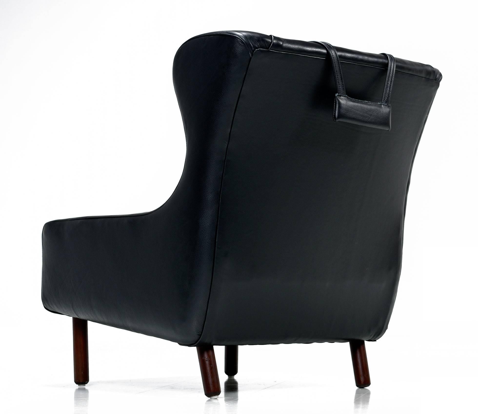 Restored Midcentury Svend Skipper Style Black Leather Wingback Lounge Chair In Excellent Condition In Chattanooga, TN