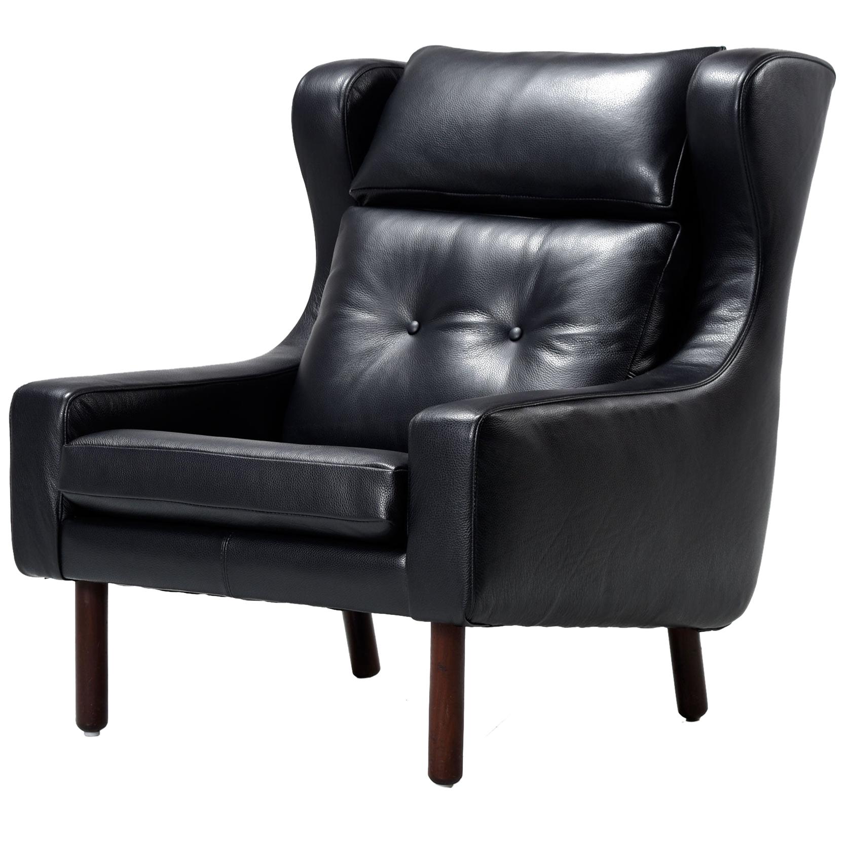 Restored Midcentury Svend Skipper Style Black Leather Wingback Lounge Chair