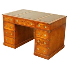Restored Military Campaign Pedestal Burr Yew Desk with Hand Dyed Leather Top
